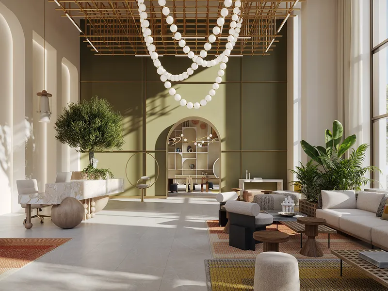 Interior render of the Hillsedge lobby with arched niches and lounge seating