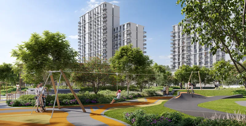 Render of the Hillsedge towers seen from the swings and paths of Hillside Park
