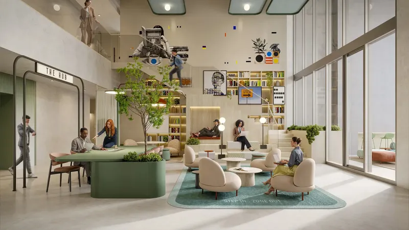 Double-height communal lounge with armchairs, a long table and bookshelves at HQ by Rove