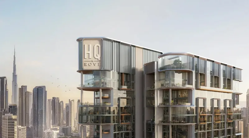 Upper floors of HQ by Rove with glazed balconies, the Burj Khalifa on the left