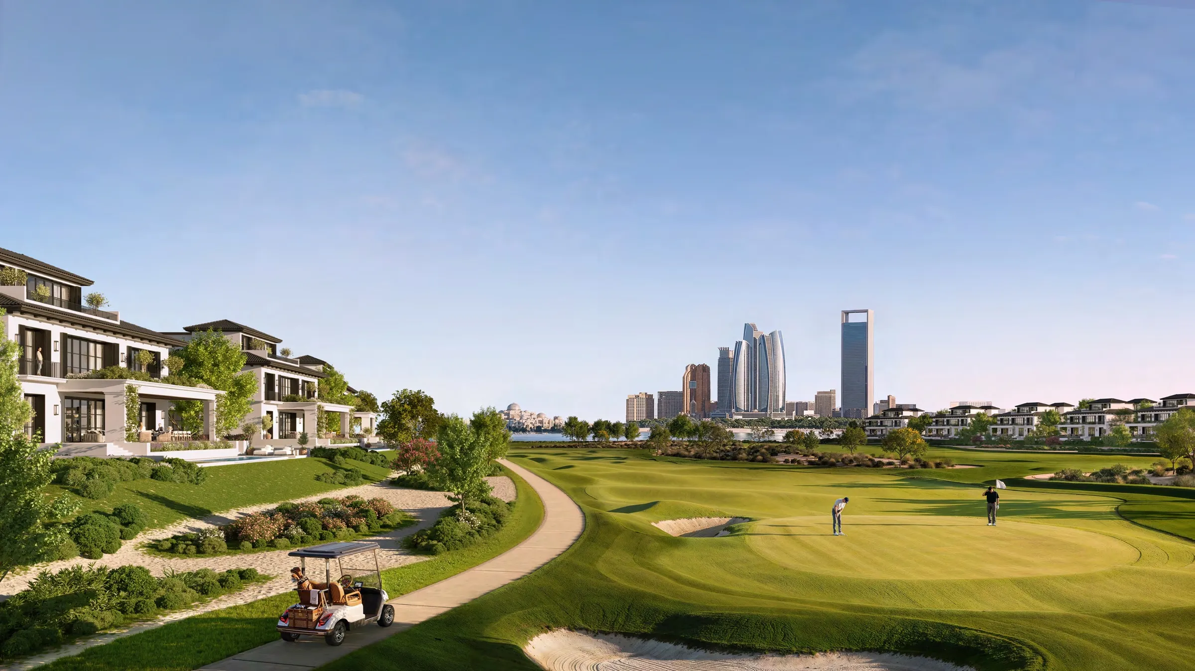 Render of Hudayriyat Golf Estates villas facing the fairways with the Abu Dhabi skyline behind
