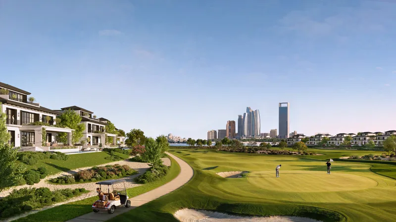 Render of Hudayriyat Golf Estates villas facing the fairways with the Abu Dhabi skyline behind