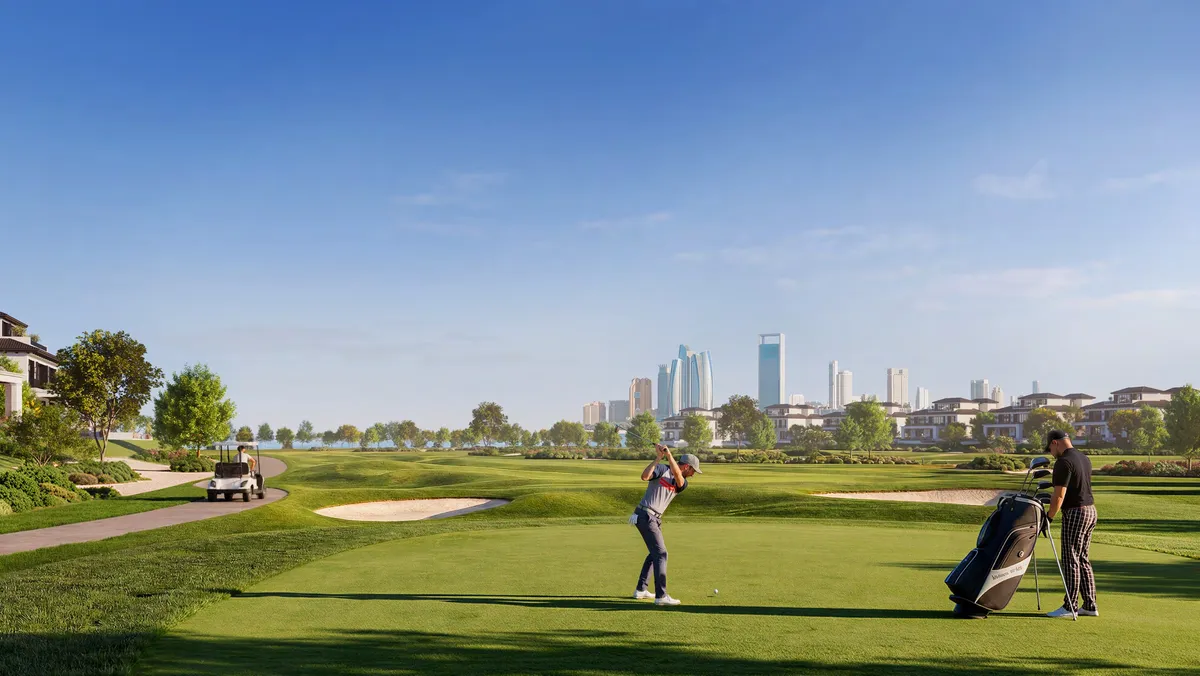Render of a golfer on the 18-hole course at Hudayriyat Golf Estates