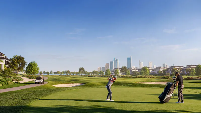 Render of a golfer on the 18-hole course at Hudayriyat Golf Estates
