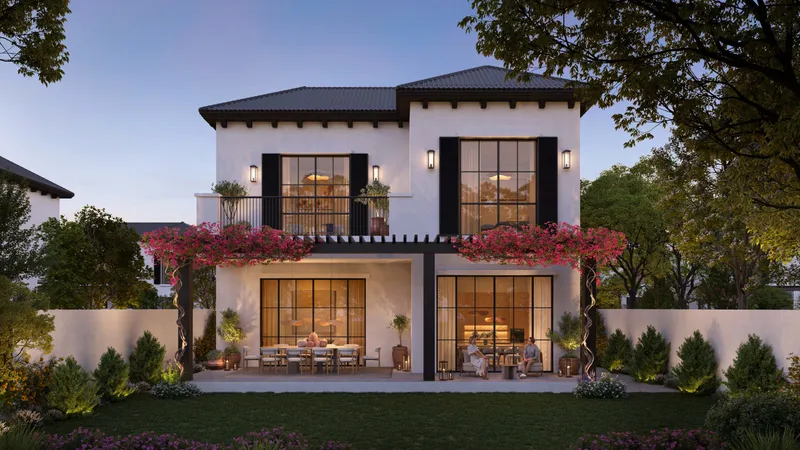 Render of the garden side of a four-bedroom Golf Home at Hudayriyat Golf Estates