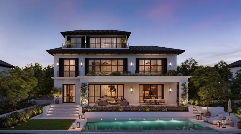 Render of a six-bedroom Golf Mansion at Hudayriyat Golf Estates at dusk, with a pool in front