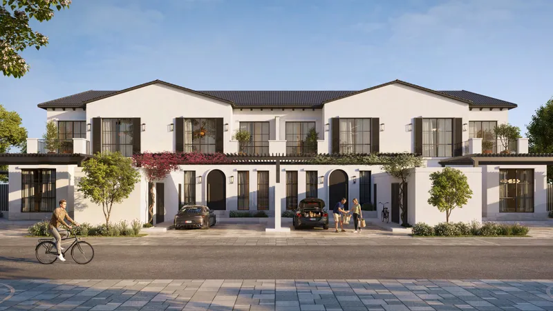 Render of a row of Golf Townhomes at Hudayriyat Golf Estates in Andalusian style