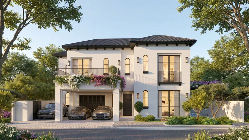 Render of a Par Villa at Hudayriyat Golf Estates with a covered parking area