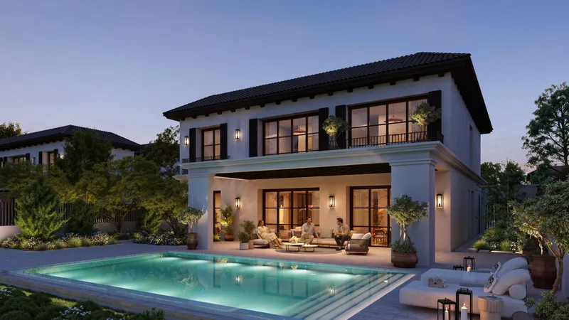 Render of a five-bedroom Range Villa at Hudayriyat Golf Estates with a private pool at dusk