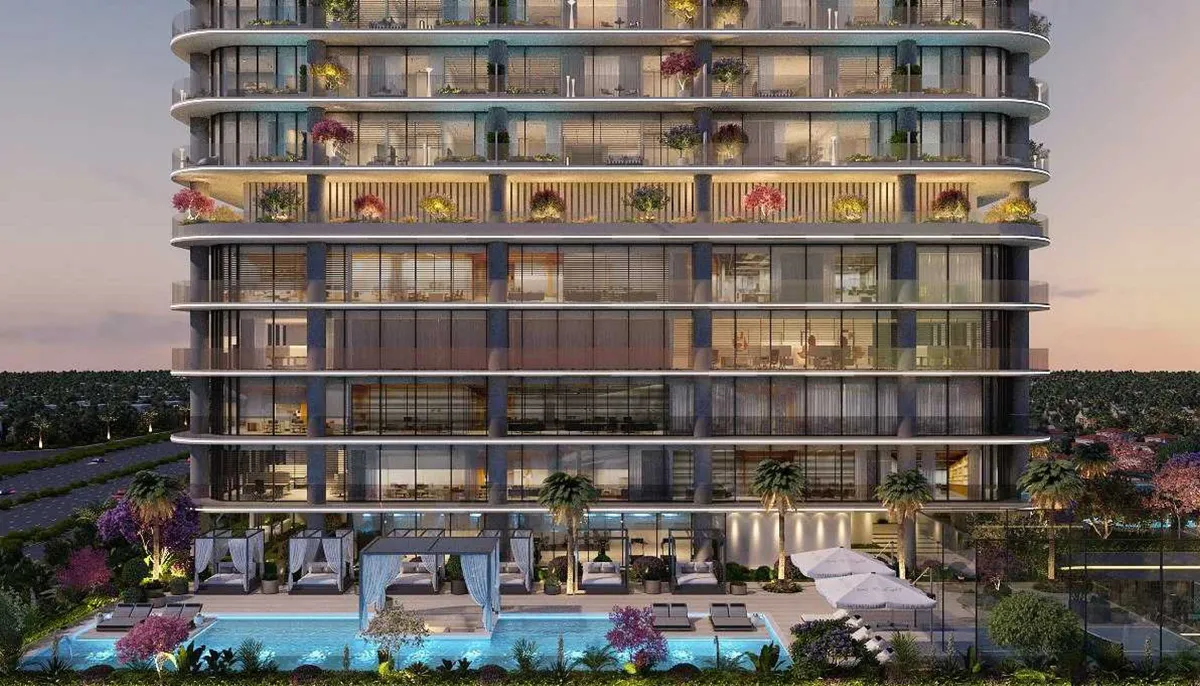 Pool with cabanas and sunbeds at the foot of Interstellar Tower