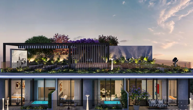 Planted rooftop with an open-air cinema screen above the top-floor homes of Interstellar Tower