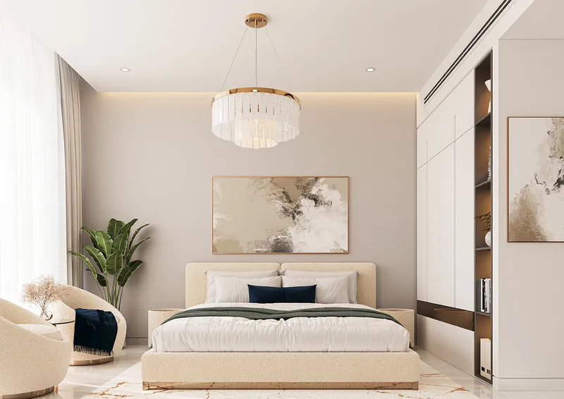 Interior render of a Jade Tower bedroom with a chandelier, a cream bed and built-in shelving
