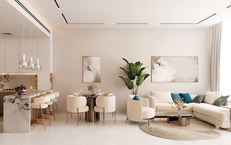 Interior render of a Jade Tower living and dining room with an open kitchen and breakfast bar