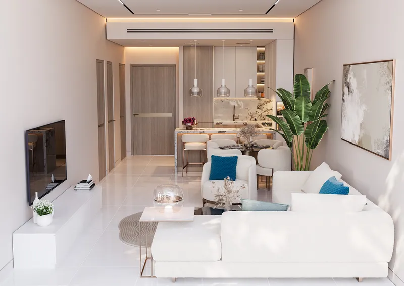 Interior render of a Jade Tower living room with a white corner sofa and a wall-mounted television