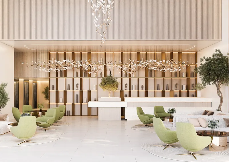 Interior render of the Jade Tower lobby with a white reception desk, green armchairs and olive trees