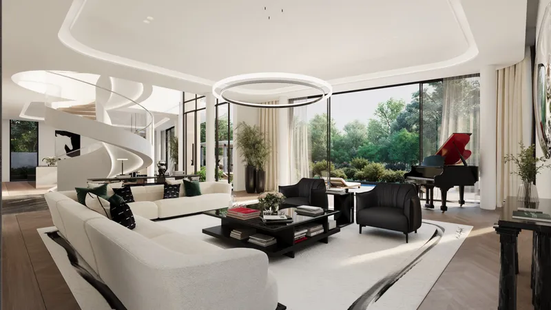 Living room with spiral staircase in a Karl Lagerfeld villa