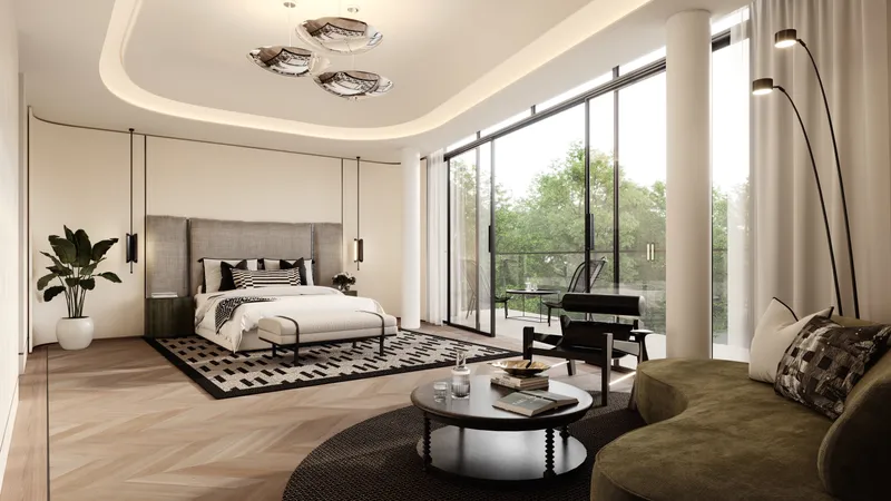 Master bedroom with garden-facing terrace in a Karl Lagerfeld villa
