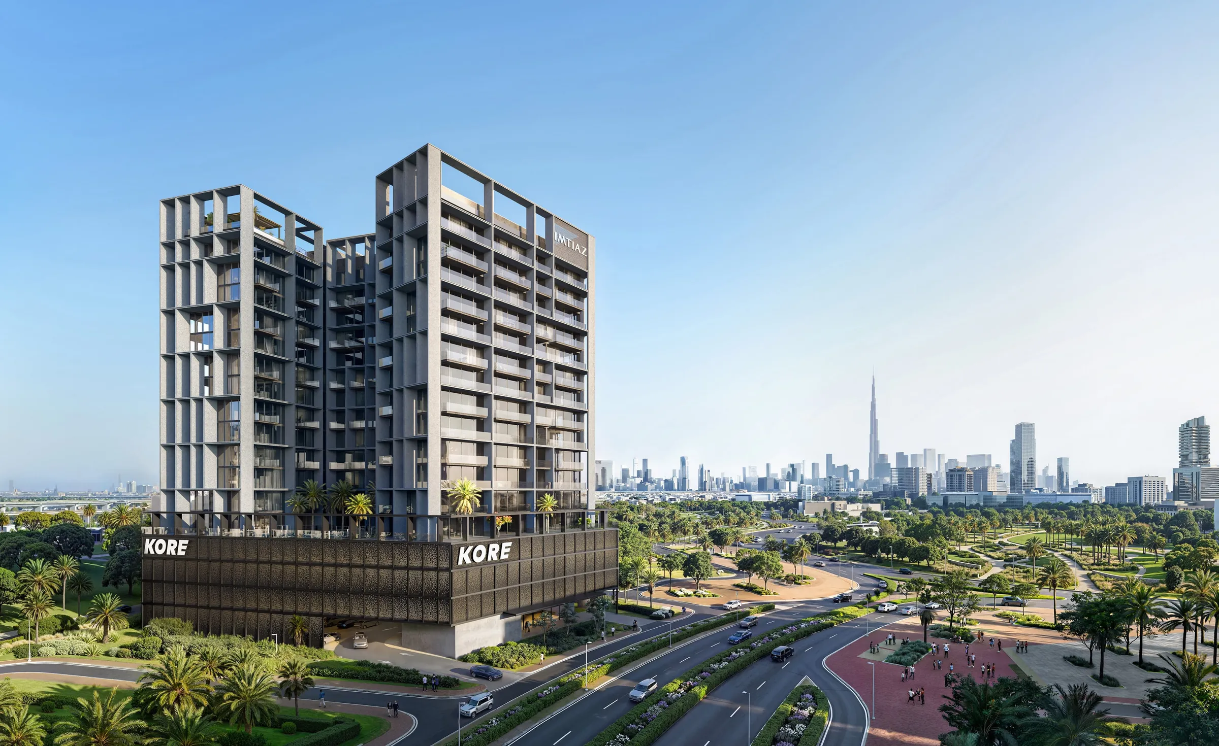 Kore by Imtiaz in Dubailand Residence Complex with the Downtown Dubai skyline in the distance