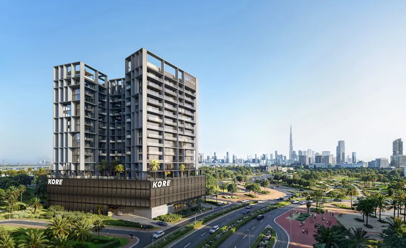 Kore by Imtiaz in Dubailand Residence Complex with the Downtown Dubai skyline in the distance