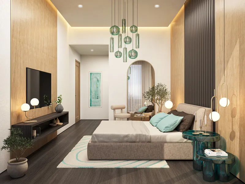 Bedroom in a Lagoon Views apartment with timber panelling and neutral tones