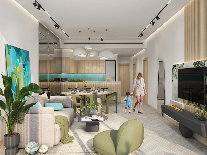 Open living, dining and kitchen area in a Lagoon Views apartment