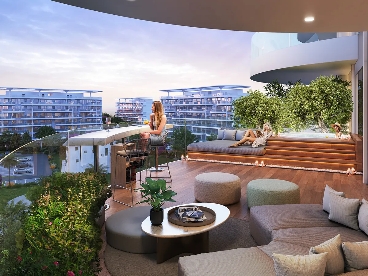 Terrace lounge at Lagoon Views with seating and a view of neighbouring buildings