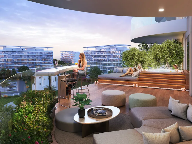 Terrace lounge at Lagoon Views with seating and a view of neighbouring buildings