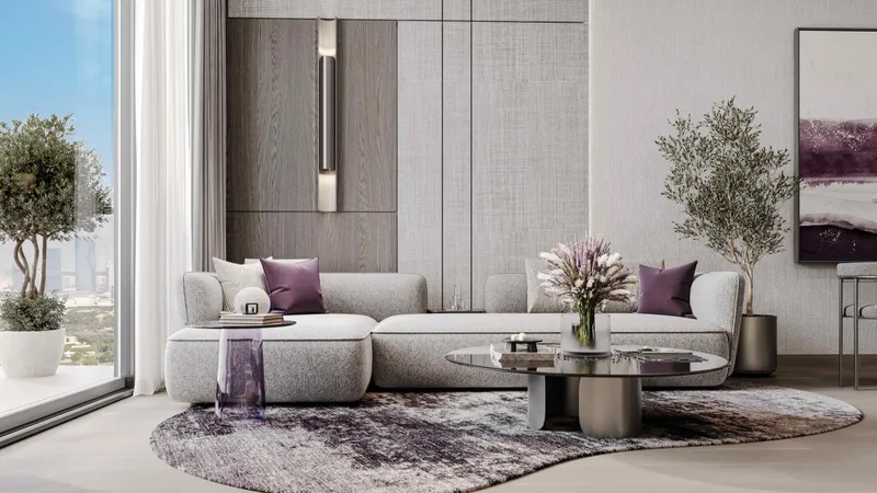 Living room with floor-to-ceiling windows in an apartment at Le Blanc