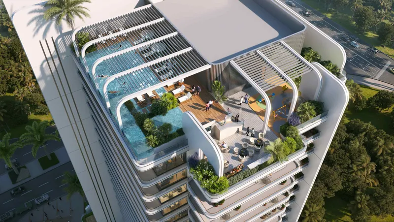 Rooftop pool and terraces at the top of Le Blanc seen from above