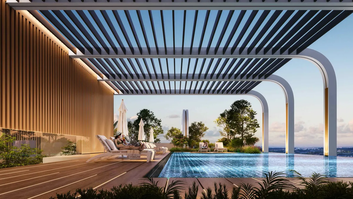 Rooftop pool under a pergola at Le Blanc