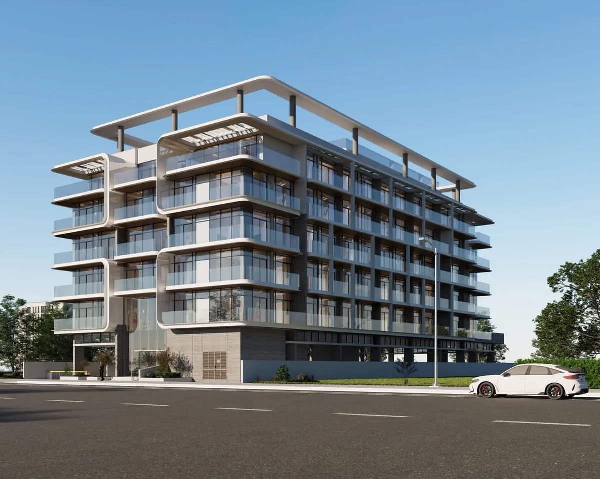 Render of the Lenjawi Diamond apartment building in Warsan Fourth, Dubai, by day