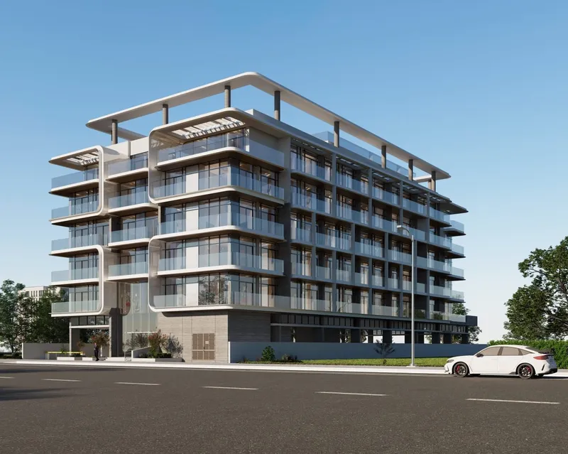 Render of the Lenjawi Diamond apartment building in Warsan Fourth, Dubai, by day