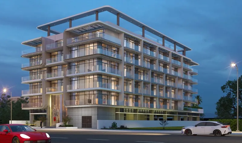 Render of Lenjawi Diamond lit at night, showing the entrance and the glass balconies