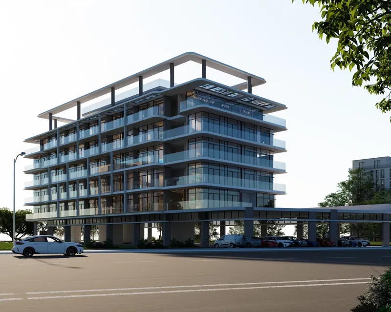 Render of the side of Lenjawi Diamond with ground-level parking under the podium