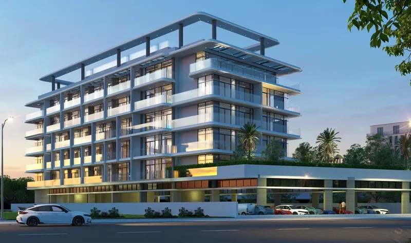 Render of Lenjawi Diamond at dusk, with the landscaped podium deck above the parking