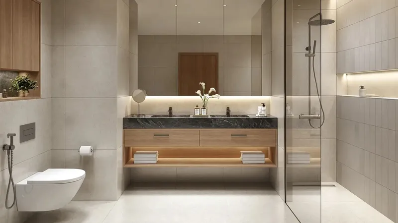 Render of a bathroom with a walk-in shower in a Lunara apartment