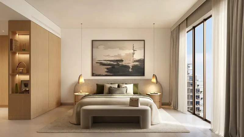 Render of a bedroom in a Lunara apartment on The Strand