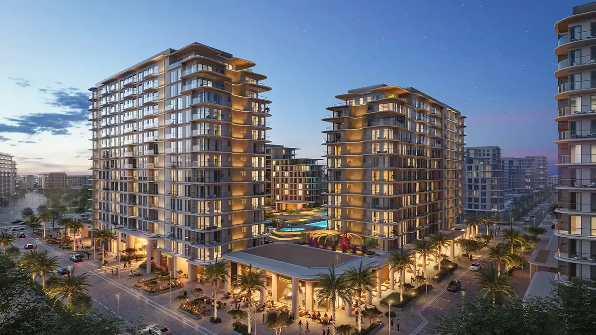 Render of the Lunara buildings on The Strand at dusk, Al Marjan Beach, Ras Al Khaimah