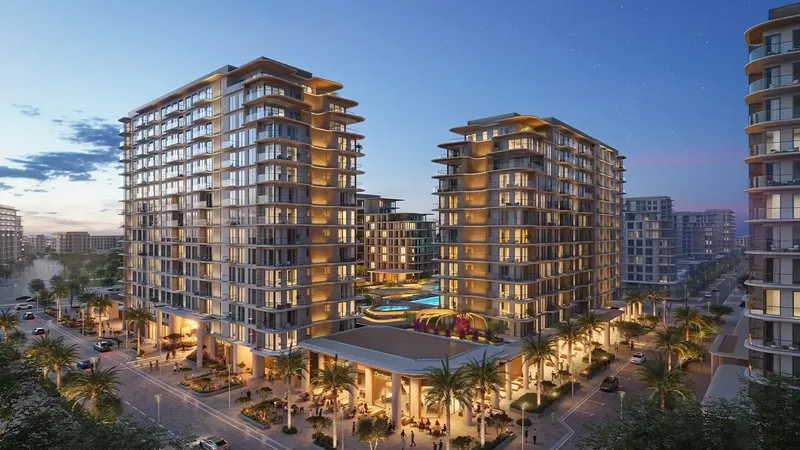 Render of the Lunara buildings on The Strand at dusk, Al Marjan Beach, Ras Al Khaimah