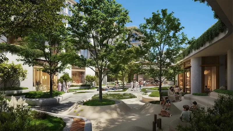 Render of the shaded garden courtyard with shops at ground level at Lunara on The Strand