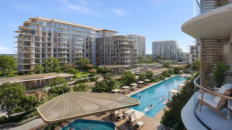 Render of the pool and the Lunara buildings seen from a terrace at Lunara on The Strand