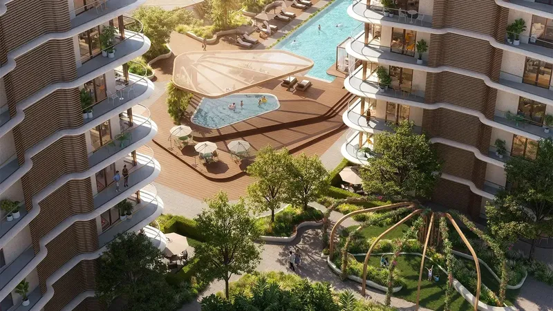 Aerial render of the pool deck and gardens between the buildings at Lunara on The Strand