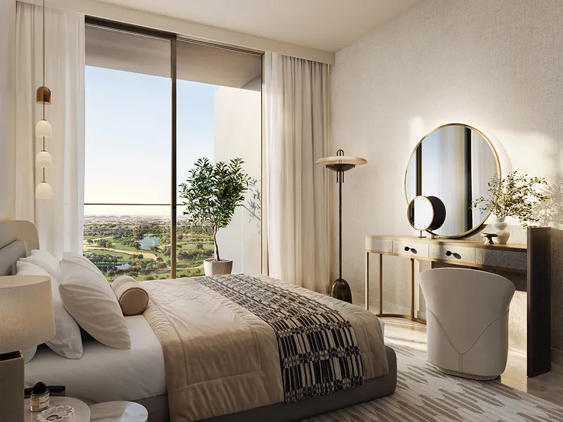 Interior render of a Lyvia by Palace bedroom with a balcony and green views