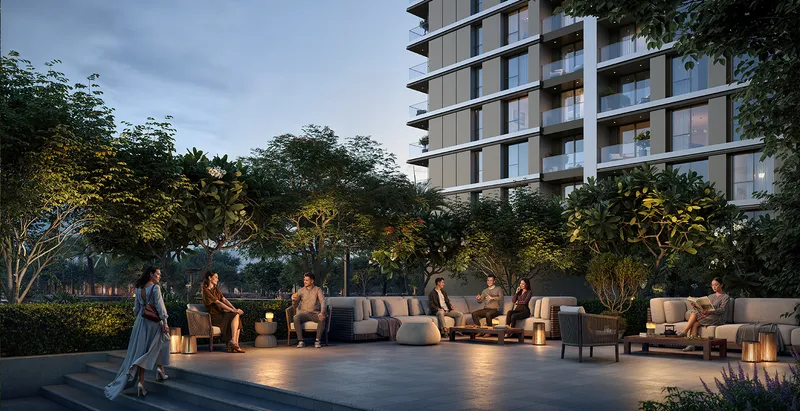 Render of residents on a landscaped terrace at Lyvia by Palace in the evening