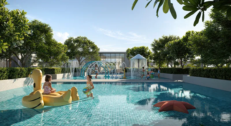 Render of children in the kids' pool and splash zone at Lyvia by Palace