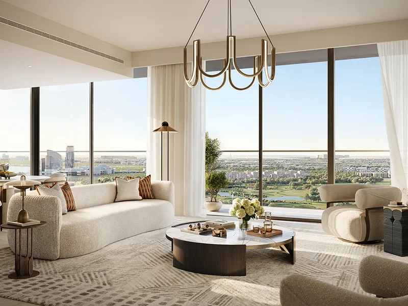 Interior render of a Lyvia by Palace living room with full-height windows over parkland