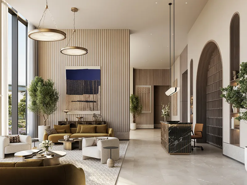 Interior render of the Lyvia by Palace lobby with timber panelling and arched niches