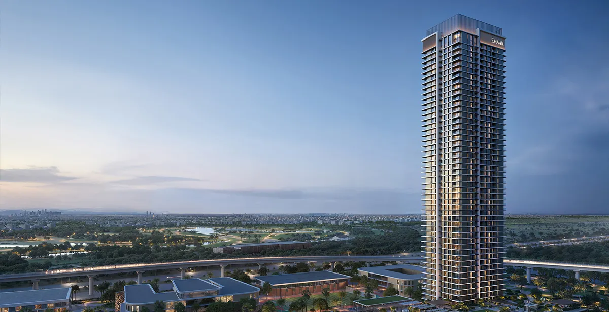Render of the Lyvia by Palace tower at dusk above the Green Gate district of Dubai Creek Harbour
