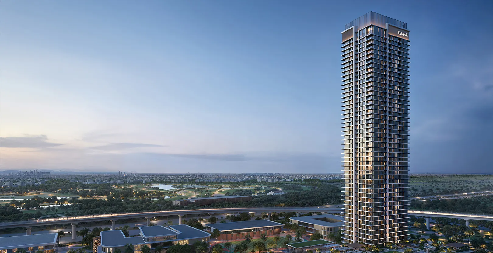 Render of the Lyvia by Palace tower at dusk above the Green Gate district of Dubai Creek Harbour