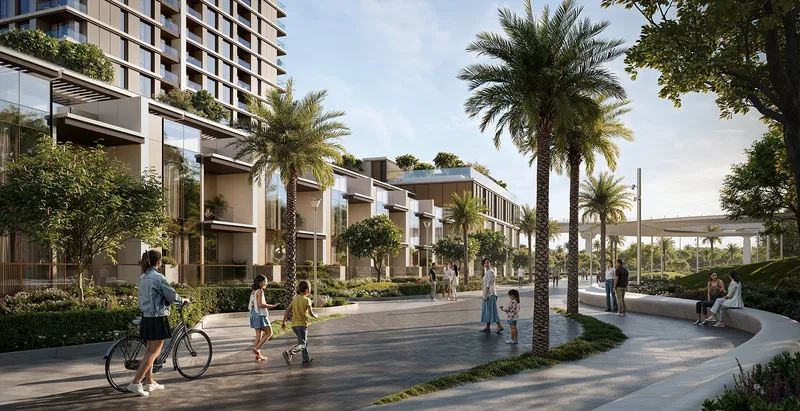Render of the podium townhouses and palm-lined promenade at Lyvia by Palace